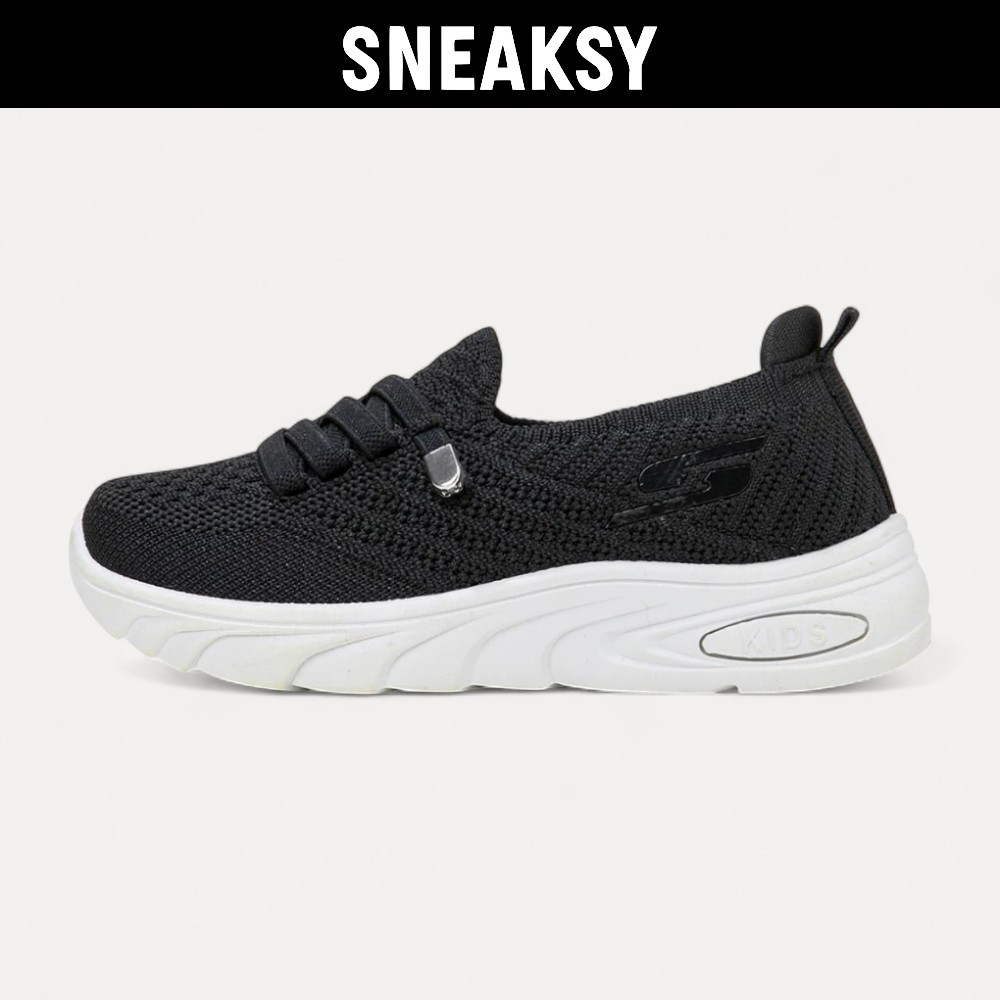 COLLEIN สีดําเด็กรองเท้านักเรียนลื่นบนรองเท้าผ้าใบถักสีดําและสีขาว Laces - TB355 & TB356 -K&T