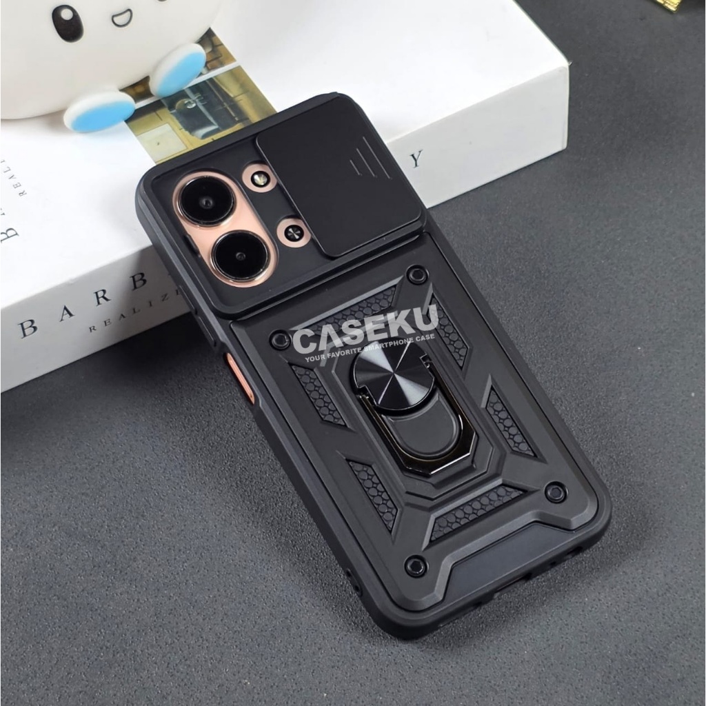 Redmi 15C เคสเกราะสไลด์ปกป้องกล้องเคสหุ่นยนต์กล้องสไลด์สีดํา + เคส RingStand Redmi 15C
