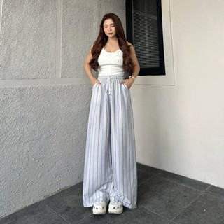 Clayy - Everyday Pants - Strips Pants Bangkok - Celana Panjang Wanita Baggy Kantor Kuliah Motif Garis Kulot Pinstripe - Celana Formal Casual