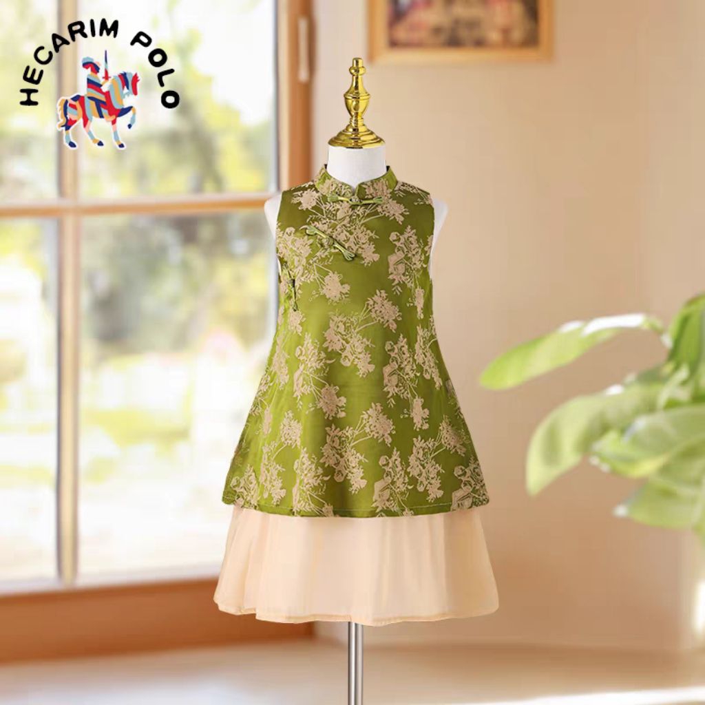 HIJAU Qibao ชุดกี่เพ้าสีเขียวสําหรับเด็ก hangu เด็ก วัยรุ่น 1-10 ปี กี่เพ้าสีเขียว Qibao