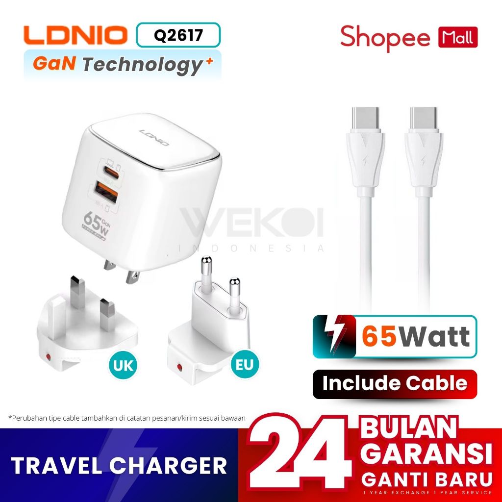 LDNIO Q2617 Power Adapter Fast Charging GaN 65W PD QC Type C USB A Wall Charger