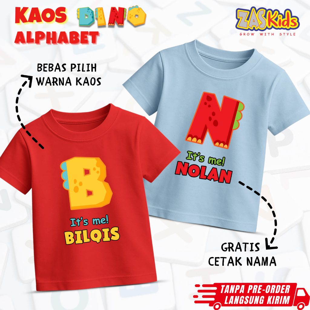 ซาสคิดส์ | Custom Name ALPHABET DINO Kids T-Shirt | เสื้อเริ่มต้นสําหรับเด็กชายและเด็กหญิง