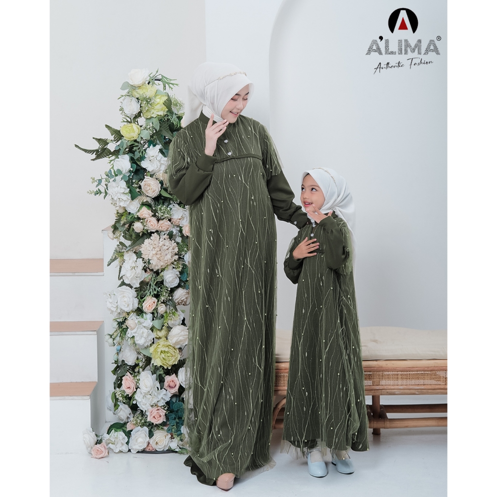 Naira Dress Gamis Lebara Couple Mom & Kids Shakila Material Mix Tille Combine Pearl Sequins