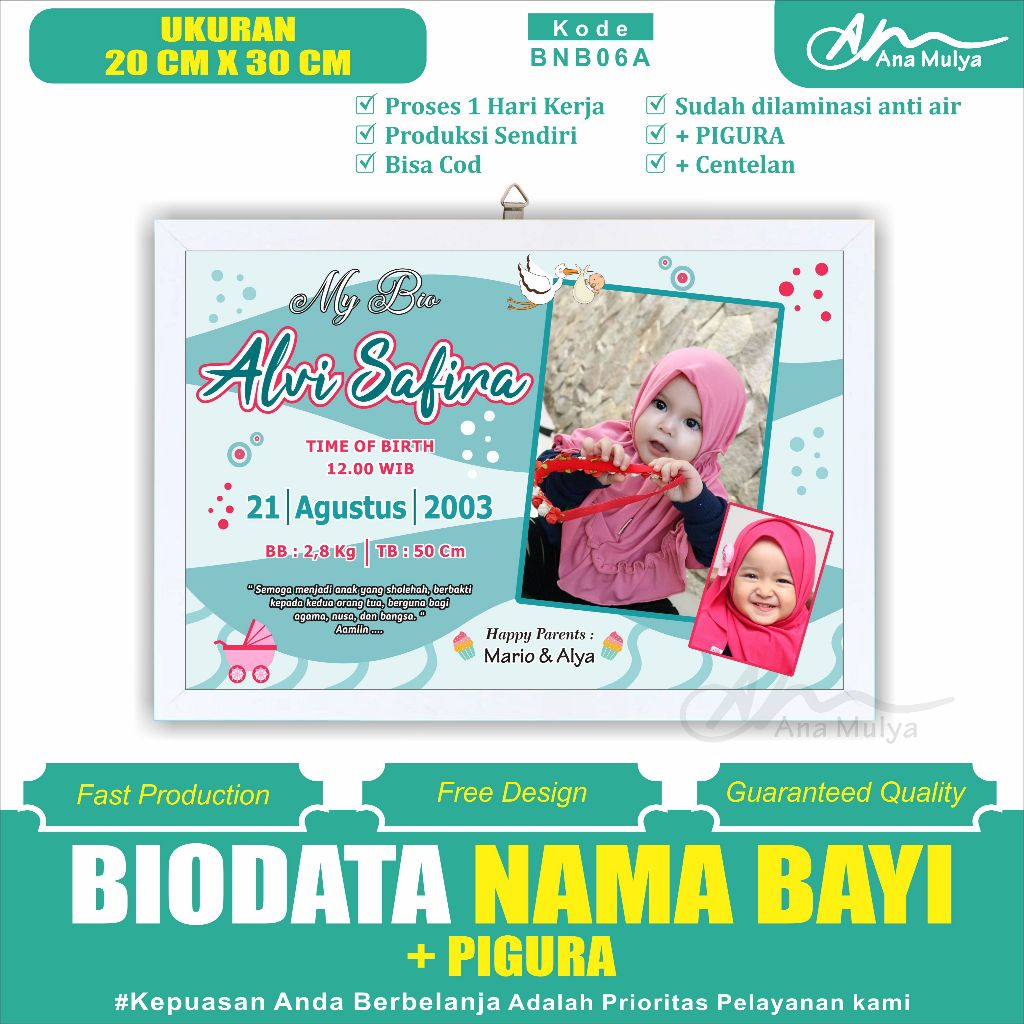 BABY BIRTH BIODATA + PICTURE SIZE 10RS 20 CM X 30 CM ANA MULYA BNB06