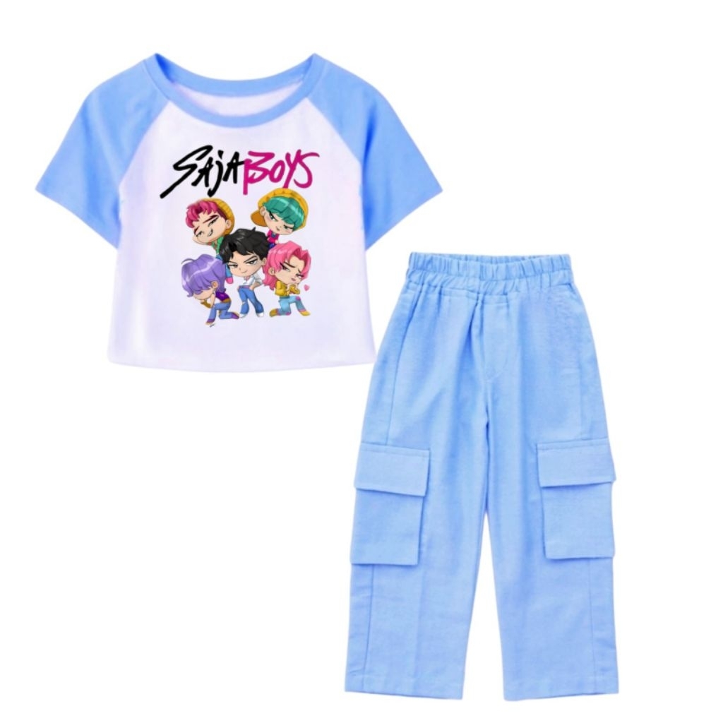 ชุดเสื้อยืดและกางเกงคาร์โก้สําหรับเด็กผู้หญิงที่มีรูปภาพเท่านั้น BOYS DEMON HUNTER