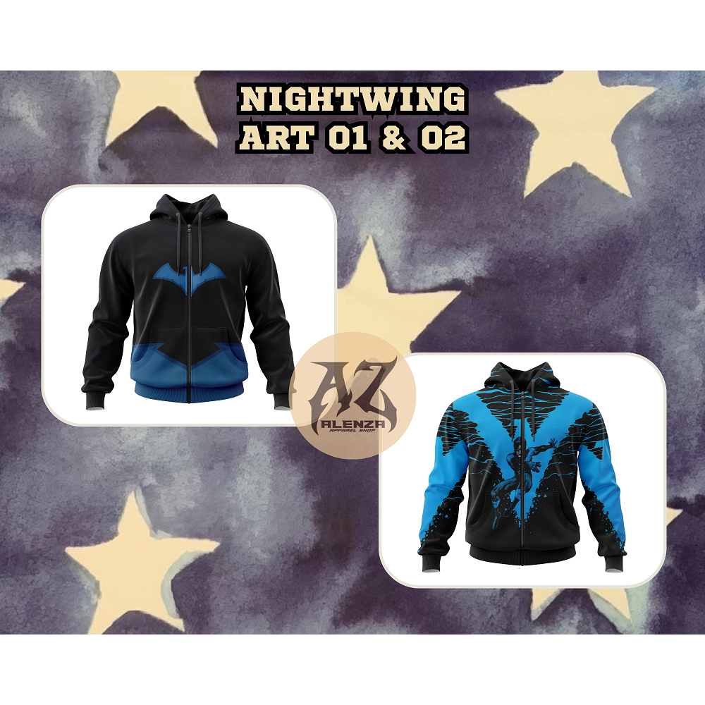 DC Comics Nightwing Art 01 & 02 Superhero ตัวละครผู้ชายและผู้หญิงผู้ใหญ่ Hoodie Jacket พิมพ์เต็มฟรีท