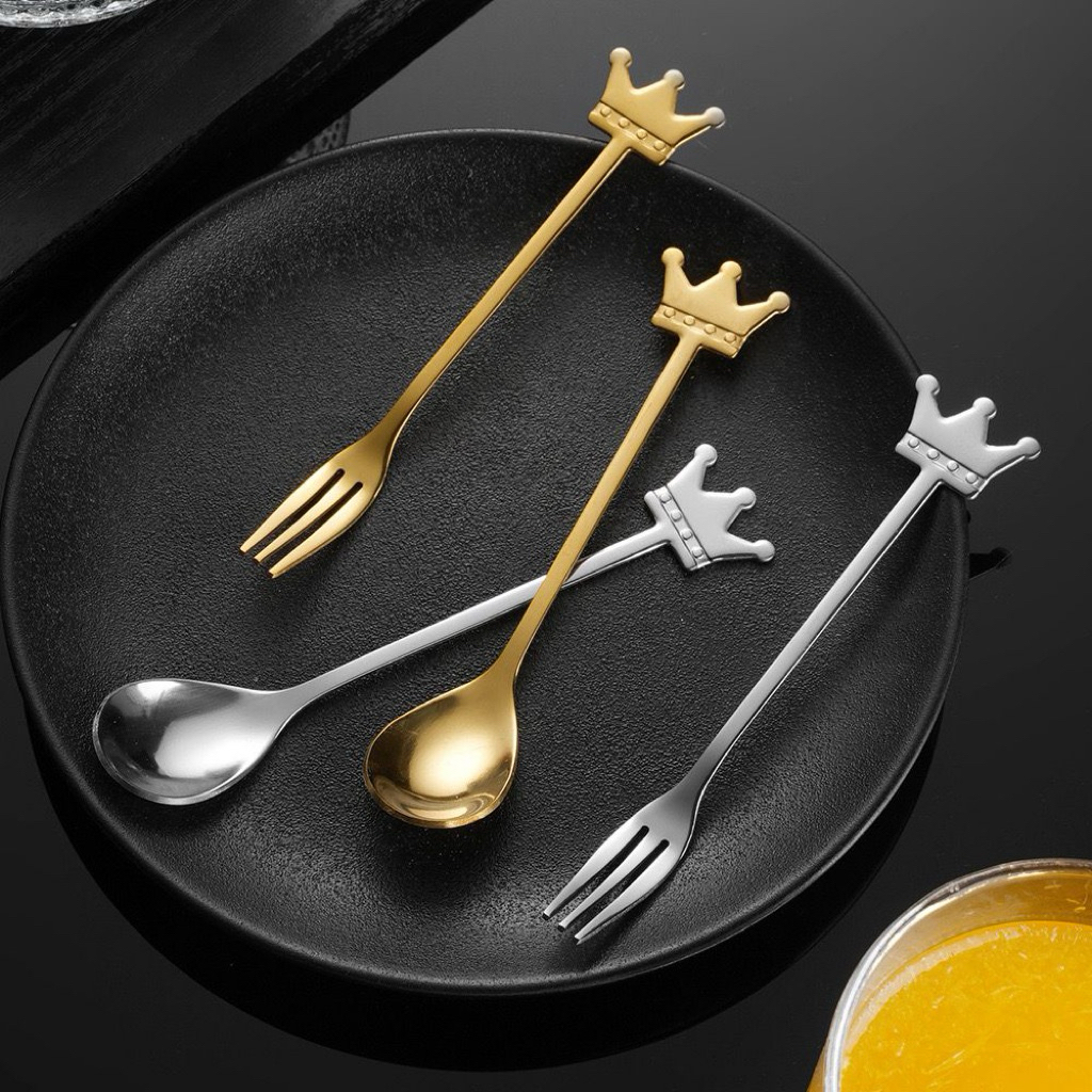 CROWN SPOON, TEA FORK, COFFEE, DESSERT / TEASPOON, LEAF HANDLE / CROWN SPOON FORK