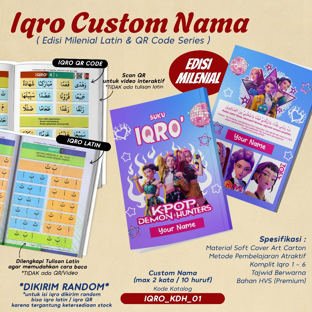 IQRO MILLENNIAL CHILDREN CUSTOM CHARACTER DESIGN KPOP DEMON HUNTER / IQRO MILLENNIAL BOOK TAJWID สี 