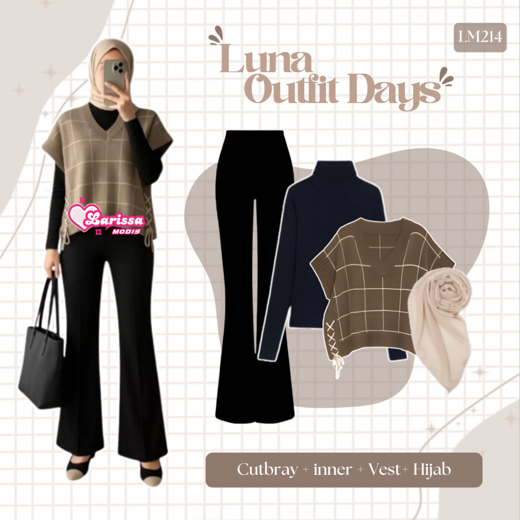 One Set สไตล์เกาหลี 4in1 / เสื้อกั๊ก Jenna + ด้านใน + Cutbray สีดํา + Bella Square / ชุดฮิญาบ LM 214