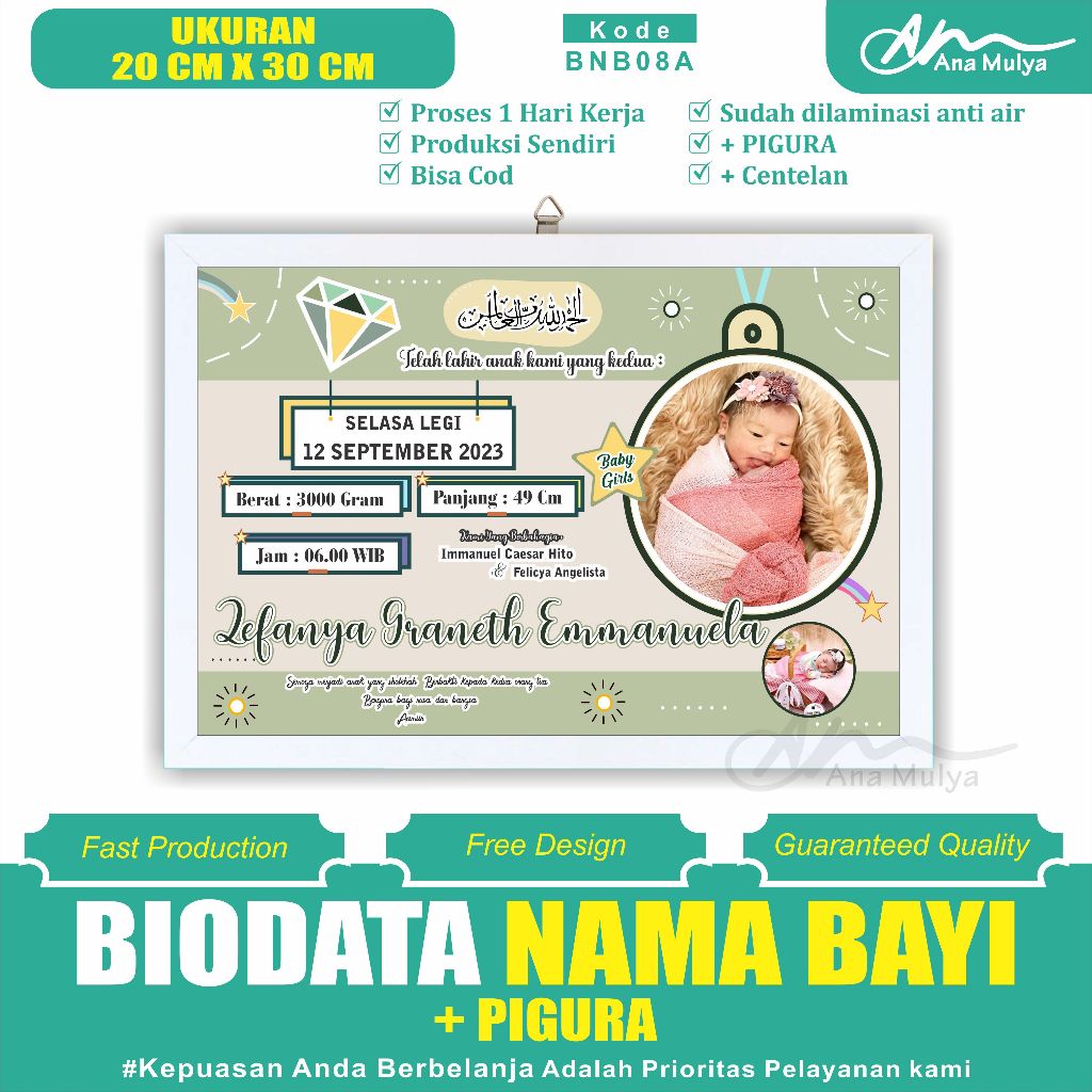 BABY BIRTH BIODATA + PICTURE SIZE 10 RS 20 CM X 30 CM ANA MULYA BNB08