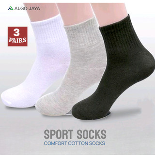 ALGO JAYA - Paket 3 Pasang, Kaos Kaki Olahraga Pendek Polos Bahan Katun Lembut Pria Wanita Dewasa Allsize 37-43