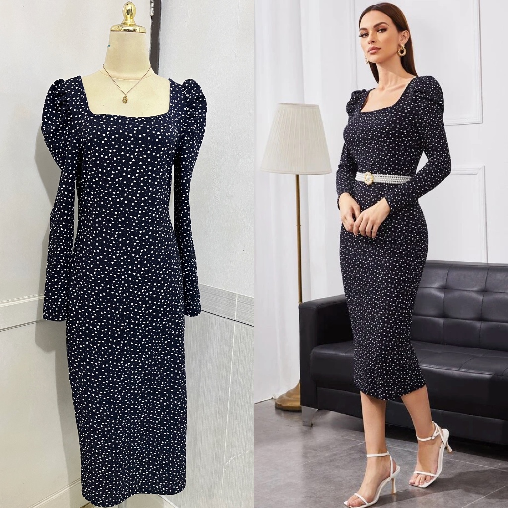 SHEIN EUROPE Bizchic ชุดเดรสยาว Polite Melayu สแควร์คอแขนยาวพัฟสีกรมท่า Bodycon Confetti Heart Point