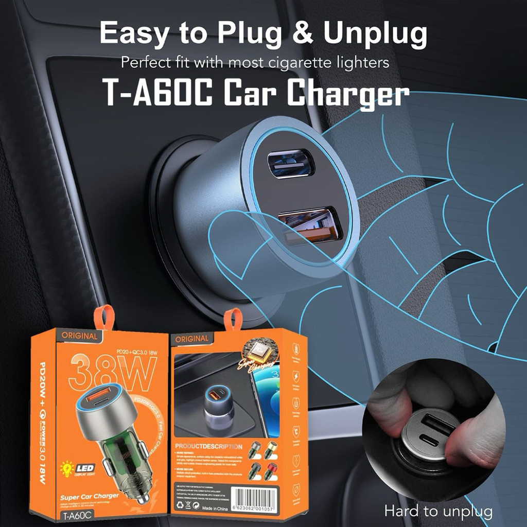 อะแดปเตอร์ชาร์จในรถยนต์ T-A60C ไฟ LED 38W USB-A + Type-C Car Saver PD20 QC3.0 18W Fast Charging TA60