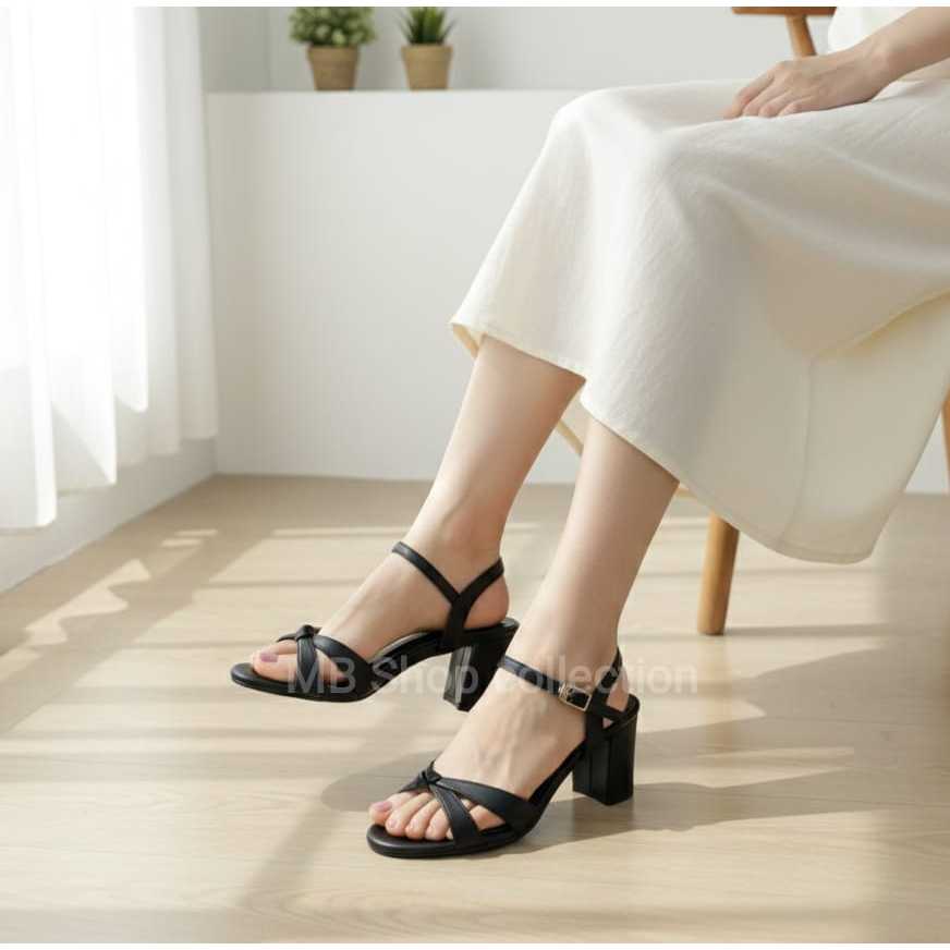 Mb Shop Heel Sandals รองเท้าแตะส้นบล็อกสายไขว้เรียบง่ายล่าสุด (JM-03)