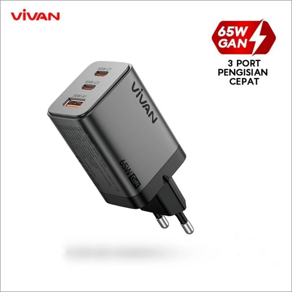 Vivan GaN65 Charger 65W 3 พอร์ต Fast Charging Power Delivery Gan โลหะ 2 Type-C 1 USB-A Vivan Gan65