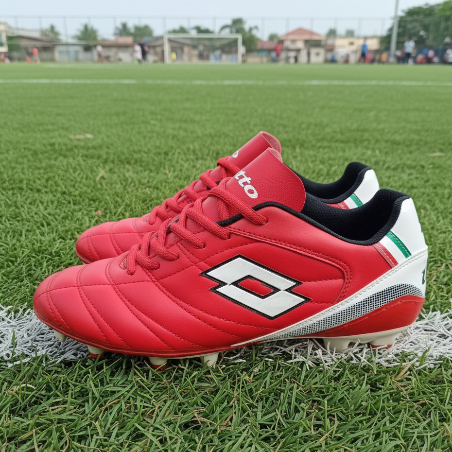 MERAH Lotto รองเท้าฟุตบอลสีแดงเย็บเต็ม รับประกันภาพจริง 100%