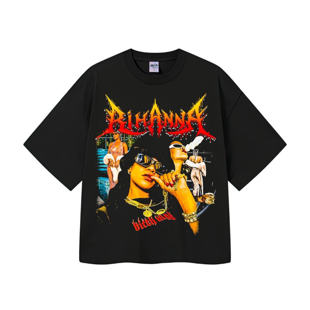 RIHANNA OVERSIZED เสื้อยืดสีดํา VINTAGE TEE UNISEX TOP RAPPER CLOTHES