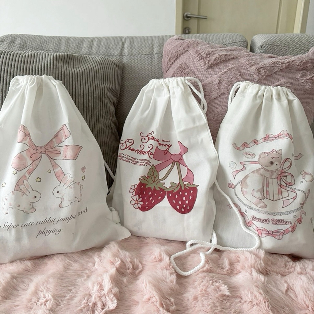 Mocorie - Odette coquette Ribbon Drawstring Bag / coquette Bow Drawstring Bag / Pink Ribbon coquette