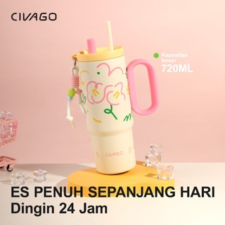 CIVAGO (25oz/720ml) Botol Minum/Tumbler Sedotan Stainless Steel 316, Kapasitas Besar, Vakum Tahan Panas/Dingin, dengan Pegangan untuk Dipasang di Mobil