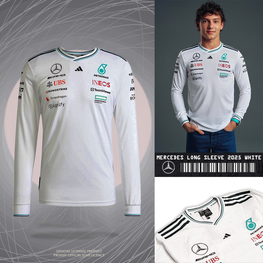 Mercedes AMG F1 x Adidas 2025 เสื้อยืดไดรเวอร์แขนยาว Racing Formula 1 แขนยาวสีขาว