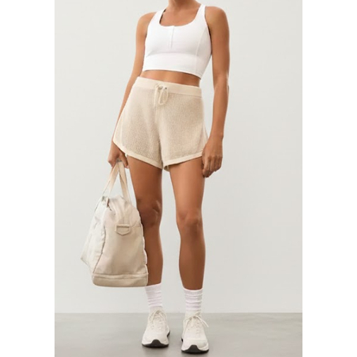 Oysho Cotton Blend Crochet กางเกงขาสั้นสีเบจ - กางเกงขาสั้นผู้หญิง