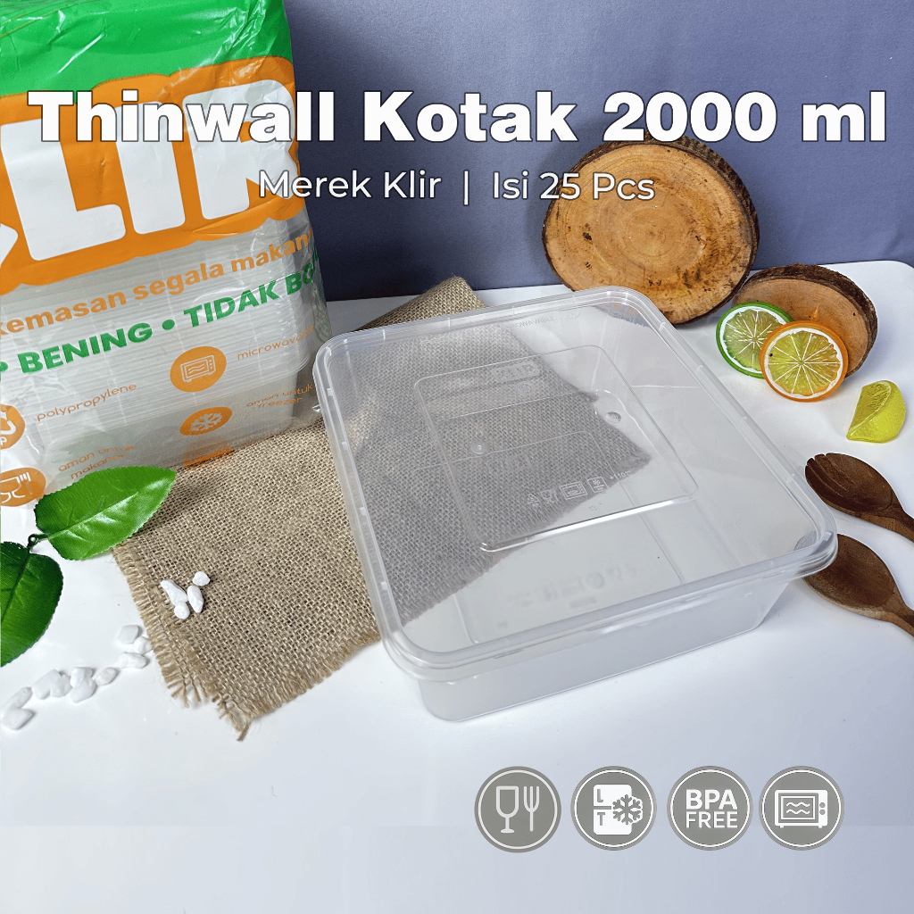 [25PCS] Thinwall KLIR Box 2000 ml / Shatterproof / Square / Plastic Lunch Box / SQ