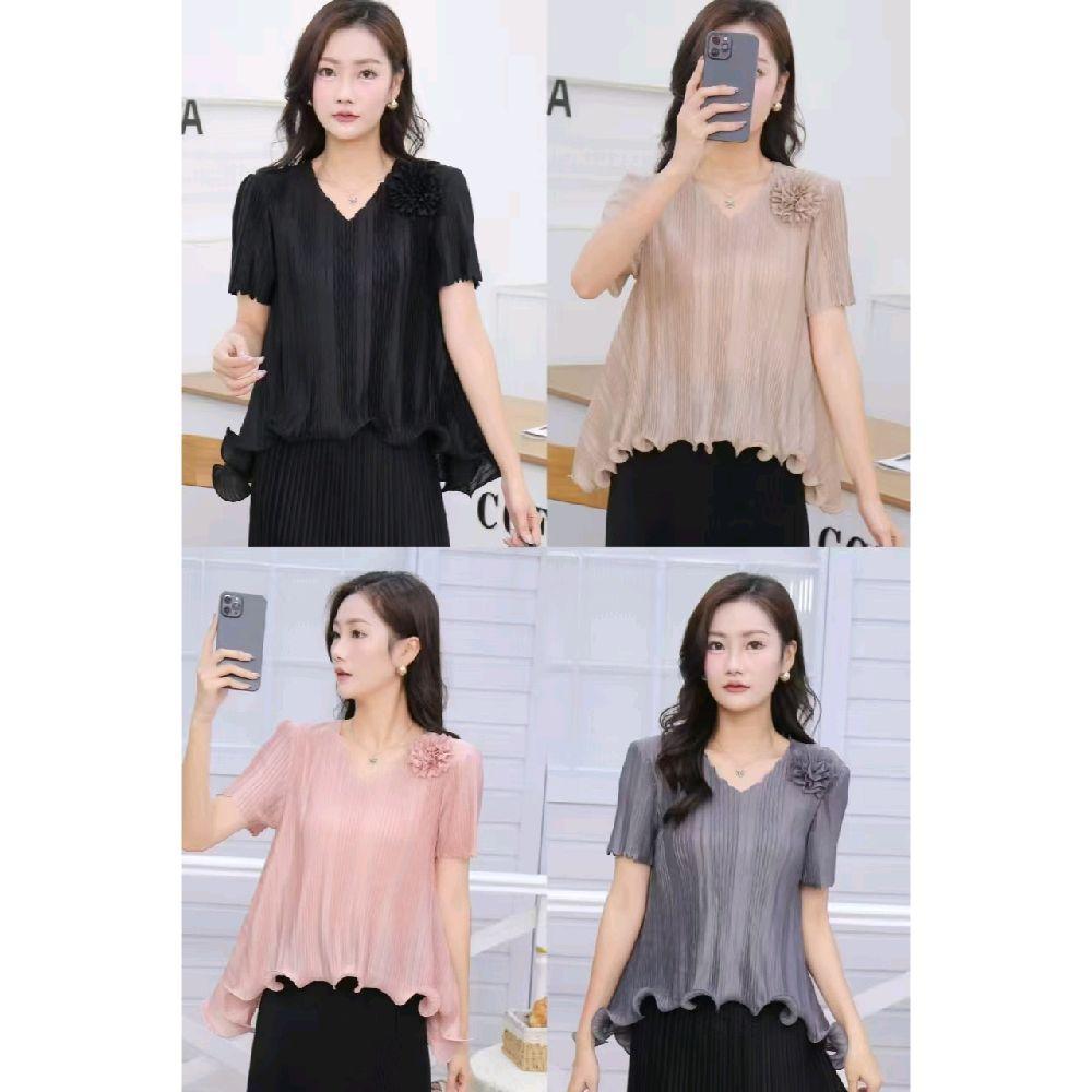 CODE 248 ELEGANT FLOWER PLEATS TOP | SHORT SLEEVE PLEATS BLOUSE | เสื้อ V-NECK PLEASE