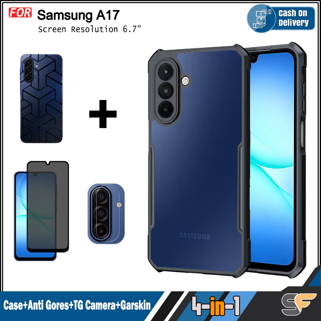 แพ็คเกจเคส Samsung A17 4-in-1 พร้อมตัวป้องกันหน้าจอ Bonus และตัวป้องกันเลนส์กล้องและ Garskin