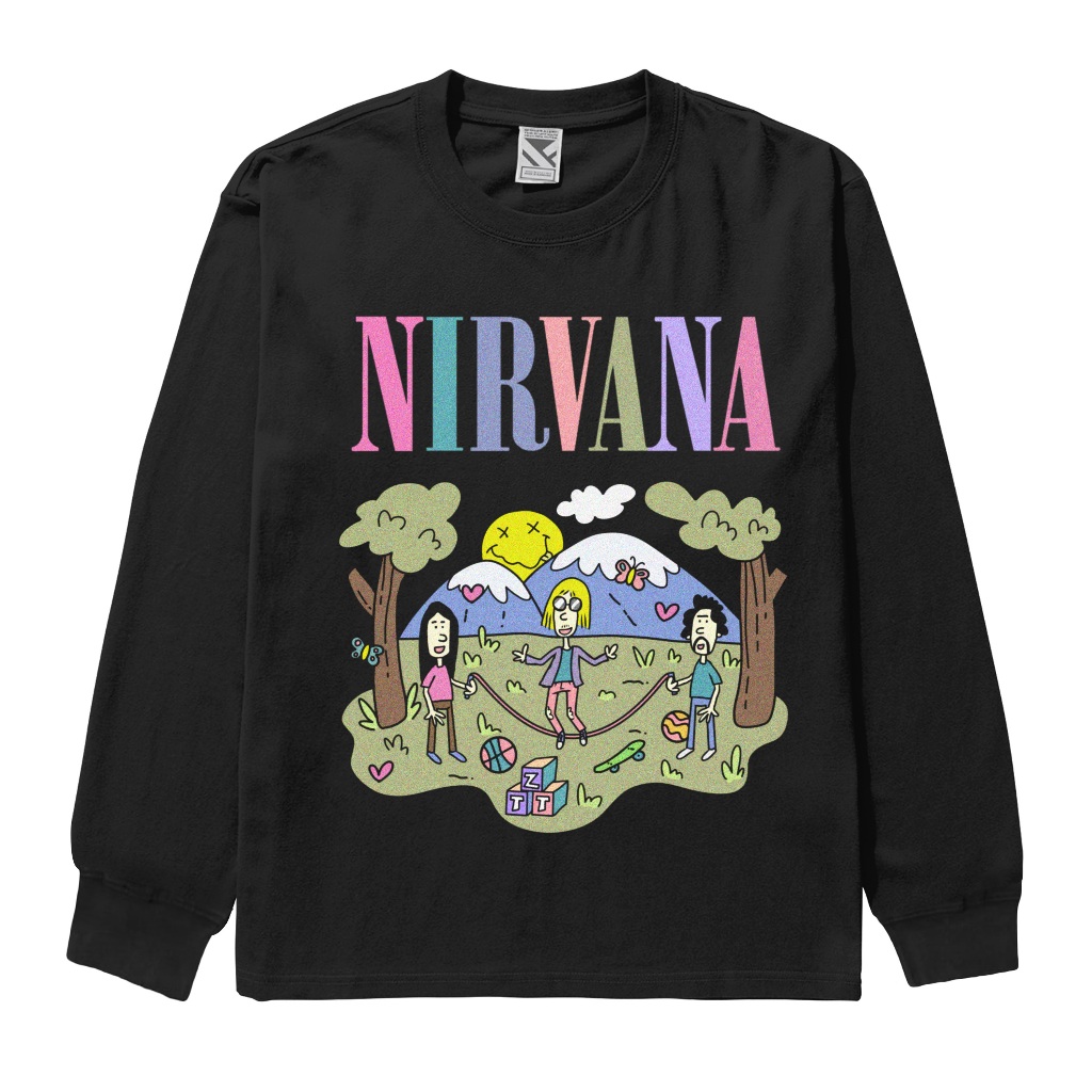 Zerotwentytwo Longsleeves Nirvana การ์ตูนสีดํา | Nirvana Band เสื้อยืดแขนยาวสีดําการ์ตูนผู้ชายล้อเลี