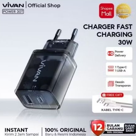 VIVAN 30W CHARGER FASTCHARGING TYPE C - USB DUAL OUTPUT POWER 30T - ต้นฉบับ-