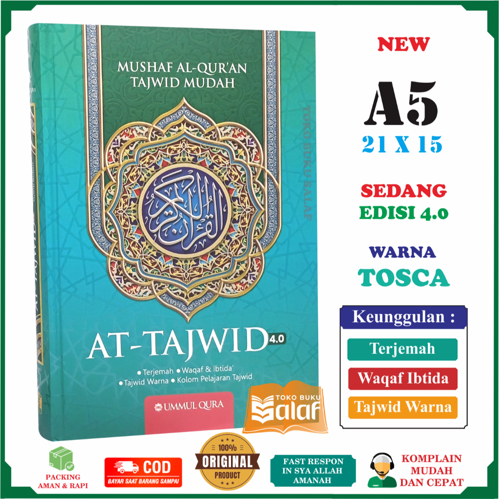 Al-Quran At Tajwid A5 HC MEDIUM TOSCA Mushaf Al-Quran At-Tajwid Easy Color Transmulitida Abitida Col
