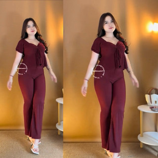 Rayonbali- Daisy Set Setelan Wanita Kekinian Model Dada Kerut Atasan dan Celana Panjang Bahan Lady Crush Crinkle
