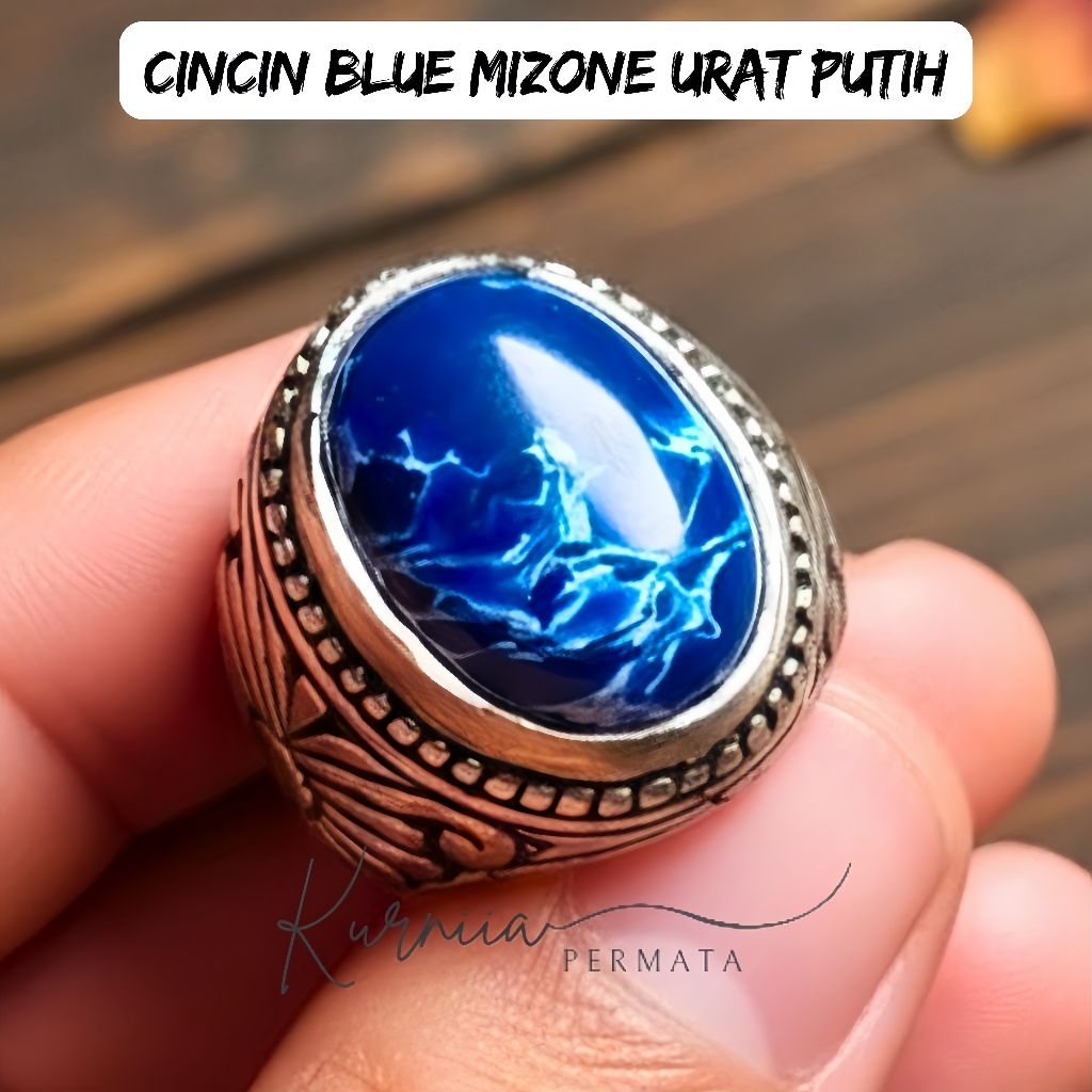 Mizone แหวนหินสีฟ้าหลอดเลือดดําสีขาว / แหวนไฟเบอร์สายฟ้าแฟนซีสีน้ําเงินหรูหราสุดหรูหราแหวนอาเกต Alpa