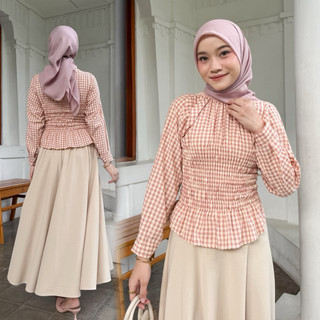 Rere Atasan Wanita Blouse Kerut Motif Kotak Casual Top