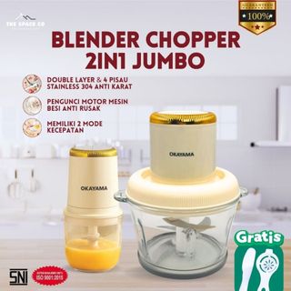 OKAYAMA Blender Chopper Kaca 2 Liter 2in1 Penggiling Daging Penghalus Makanan 4 Pisau Stainless