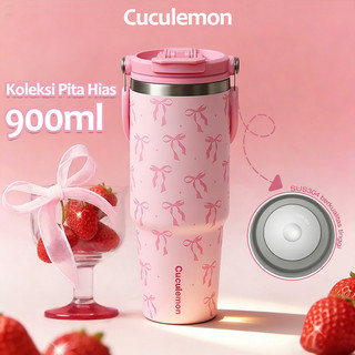 Cuculemon Tumbler 900ML Motif Aesthetic Kupu Kupu Pita Tahan Panas Dingin Stainless Steel 304 Vakum Insulated Dua Mode Minum Botol Minum Portable Car Thermos