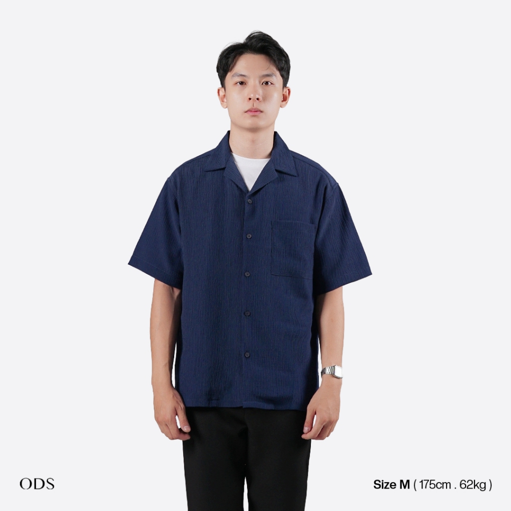 ODS เสื้อเชิ้ตแขนสั้นคอปกเปิดสีกรมท่า