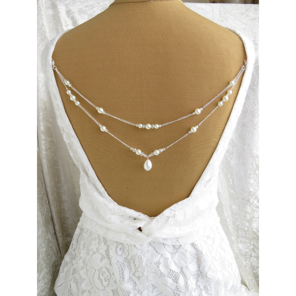 สร้อยคอหลังคริสตัล Pearl & AB 2 แถว