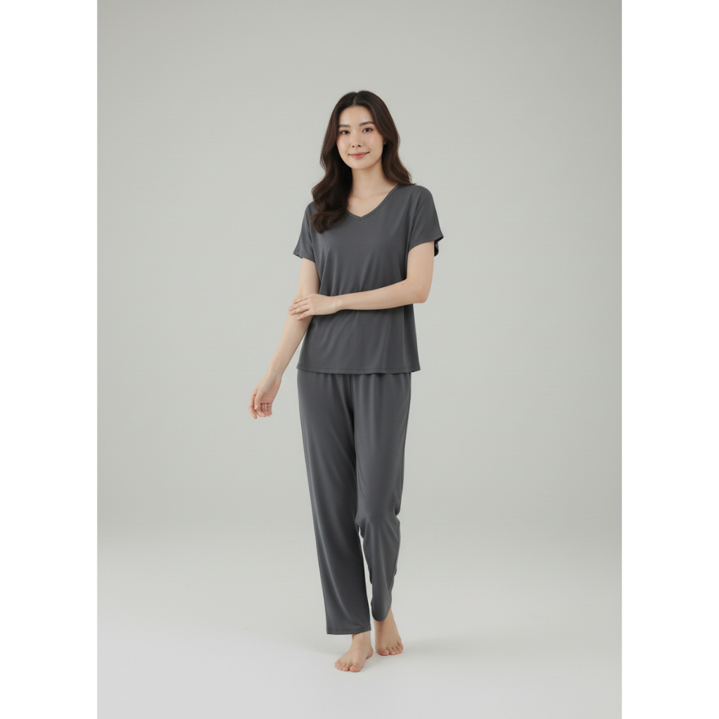 SHORT SLEEVE CULOT PANTS SET MADE FROM HYGT MATERIAL, COOL PYJAMA TOP เสื้อผ้าผู้หญิงใหม่