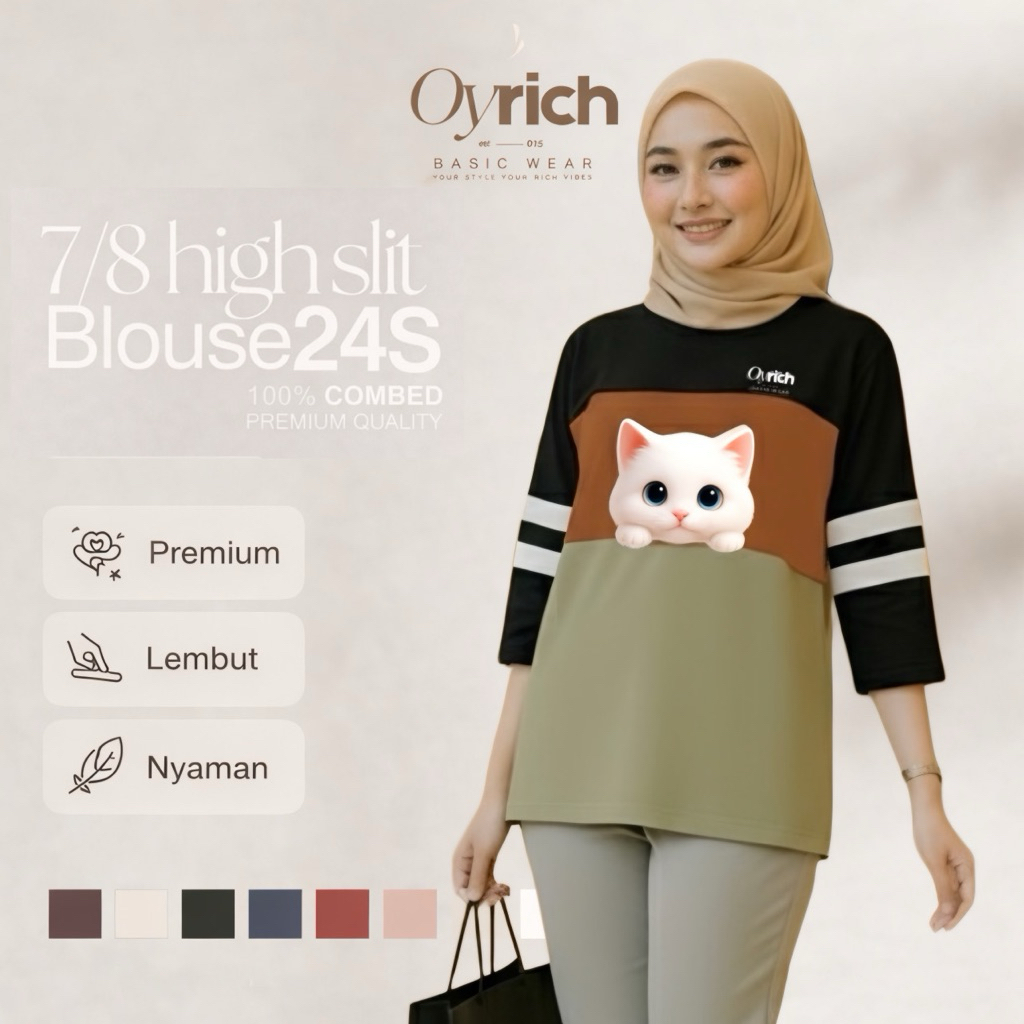 Oyrich Womens Top Combine 7/8 Sleeve Cute Premium Cat Image Variations