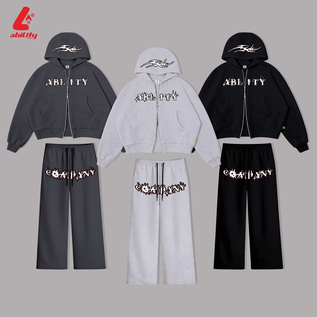 Ability One Set Double Zipper Boxy Hoodie + Baggy Sweatpants FONT Y2K ขนแกะ 280 GSM ขนาด ML XL XXL