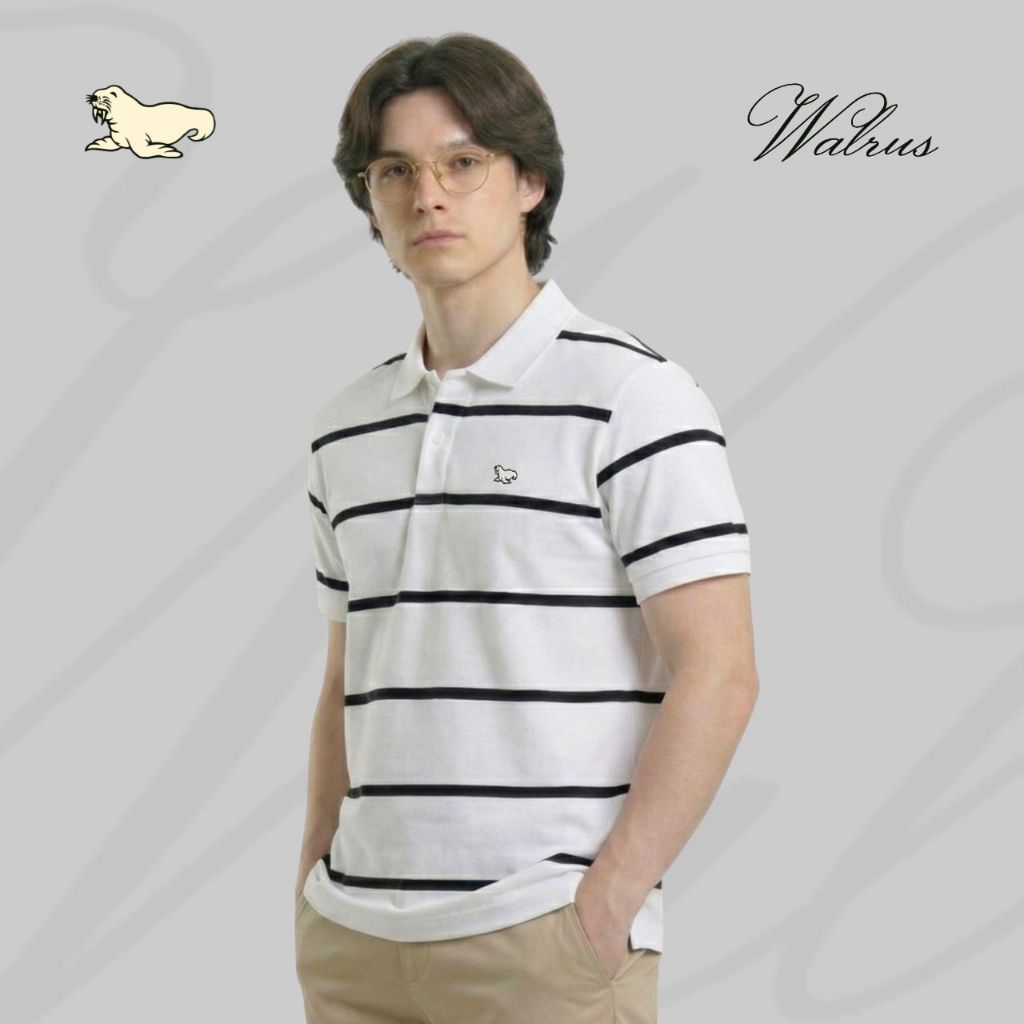 WALRUS Polo Stripe Urban Minimalist Fellow เสื้อโปโลลายสีขาวสีดํา T12435P