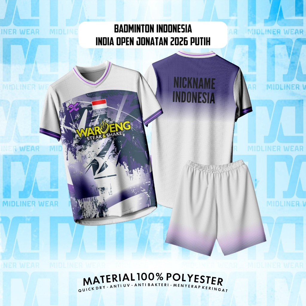 เสื้อเด็กและผู้ใหญ่ BADMINTON INDONESIA INDIA OPEN JOTAN 2026 WHITE SUPPORTER Dryfit – ชุดสูทแขนสั้น