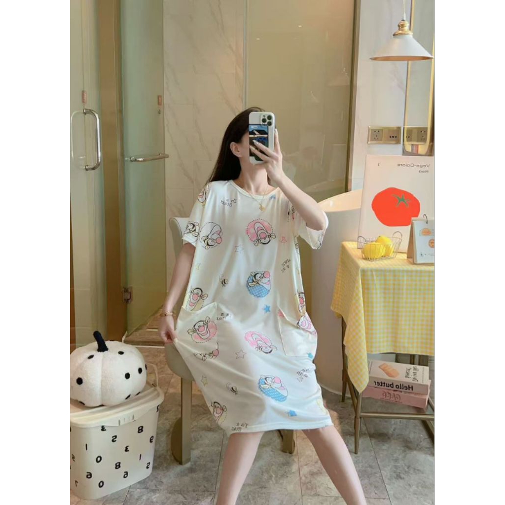 Daster Dress Pyjamas ชุดนอนสไตล์เกาหลี ฟรี Active Pocket Tigger Winnie The Pooh
