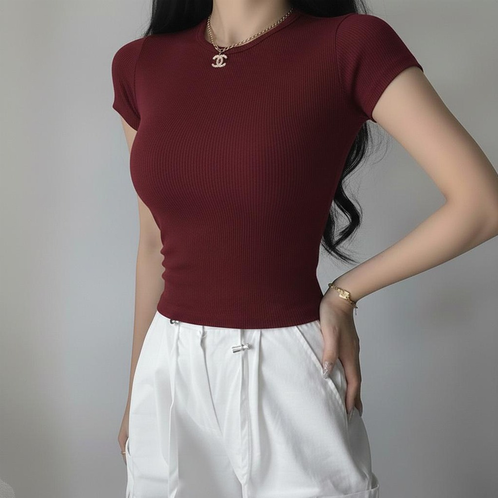 PLATINUM WORLD เสื้อยืด Top Knit Regular Plain O Neck Fit Body - เสื้อยืดธรรมดาผู้หญิง B2