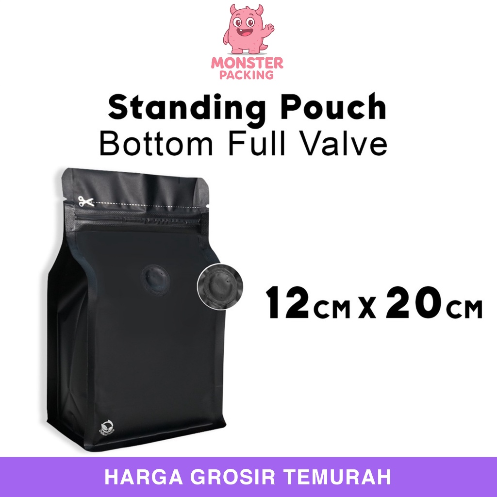 วาล์วก้นแบน 12x20 ซม. กระเป๋ายืน ถุงซิปล็อค คลิปหนีบกาแฟพลาสติก สีดํา