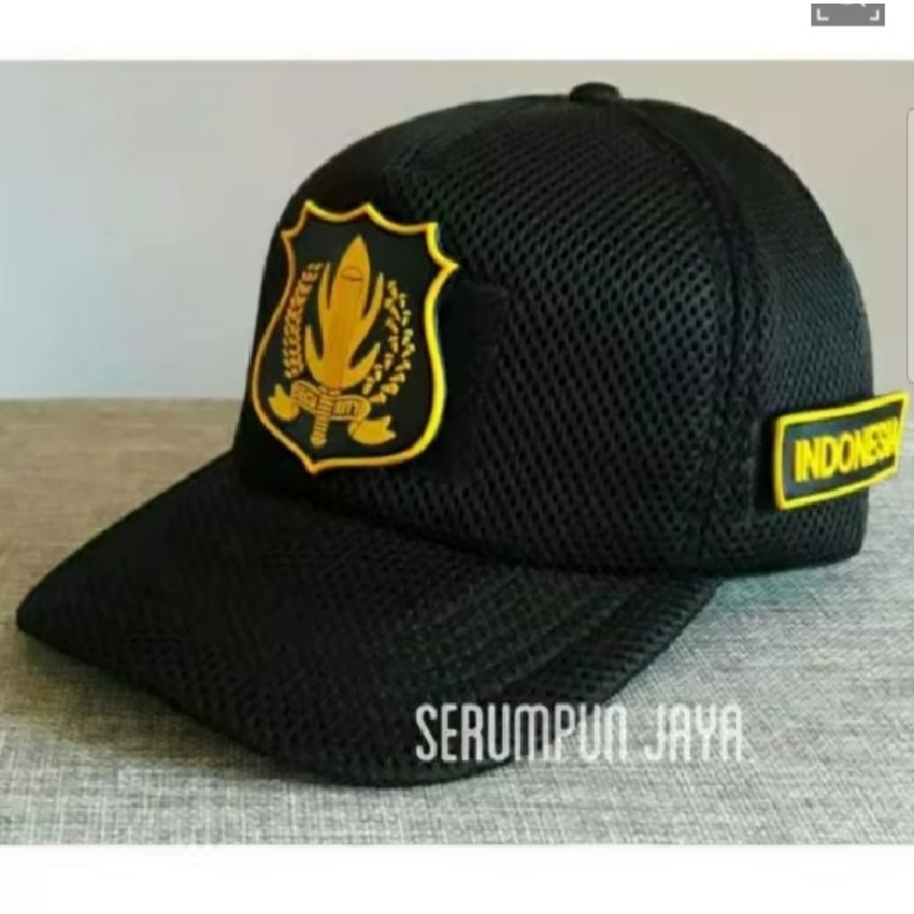 DOUBLE MESH SECURITY NET HAT สีดําสีเหลืองโลโก้ขนาดใหญ่ 2 ยาง PATCHS