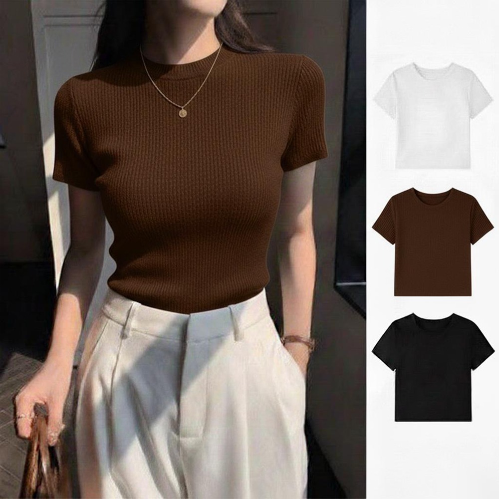PLATINUM WORLD เสื้อยืด Top Knit Regular Plain O Neck Fit Body - เสื้อยืดสีพื้นผู้หญิง N3