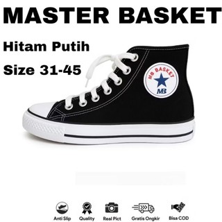 Sepatu Sekolah Anak Cowok Cewek SD SMP Master Basket MB Hc Tinggi Tali Black White Size 34 sd 45 - Hitam Putih