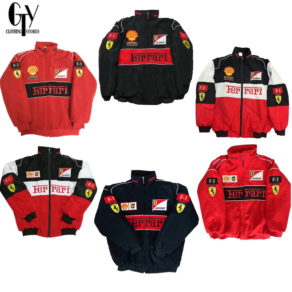 GTY เสื้อแจ็คเก็ตแข่งวินเทจผู้ชายกับ Ferrari F1 เย็บปักถักร้อยพรีเมี่ยมนุ่มร่มชูชีพกีฬา Windbreaker 